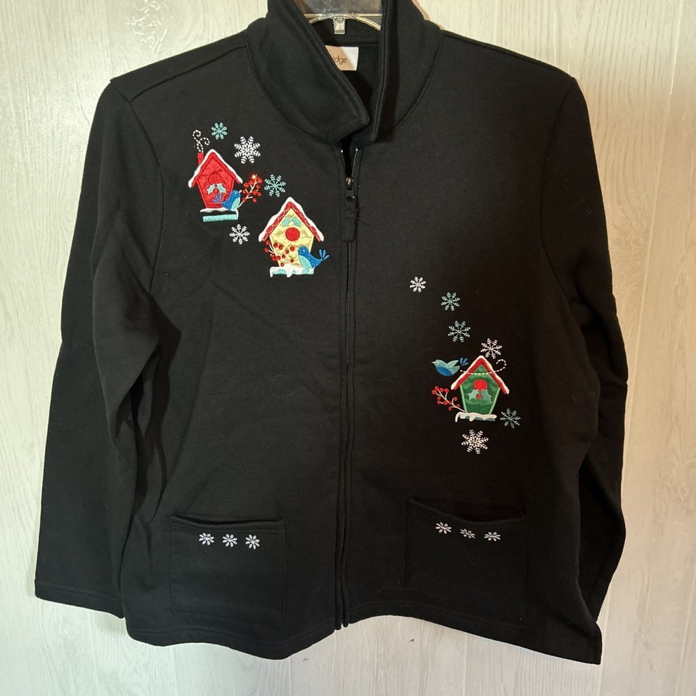 Breckenridge XL‎ Black Fleece Zip Front Jacket Winter Bird House Embroidery